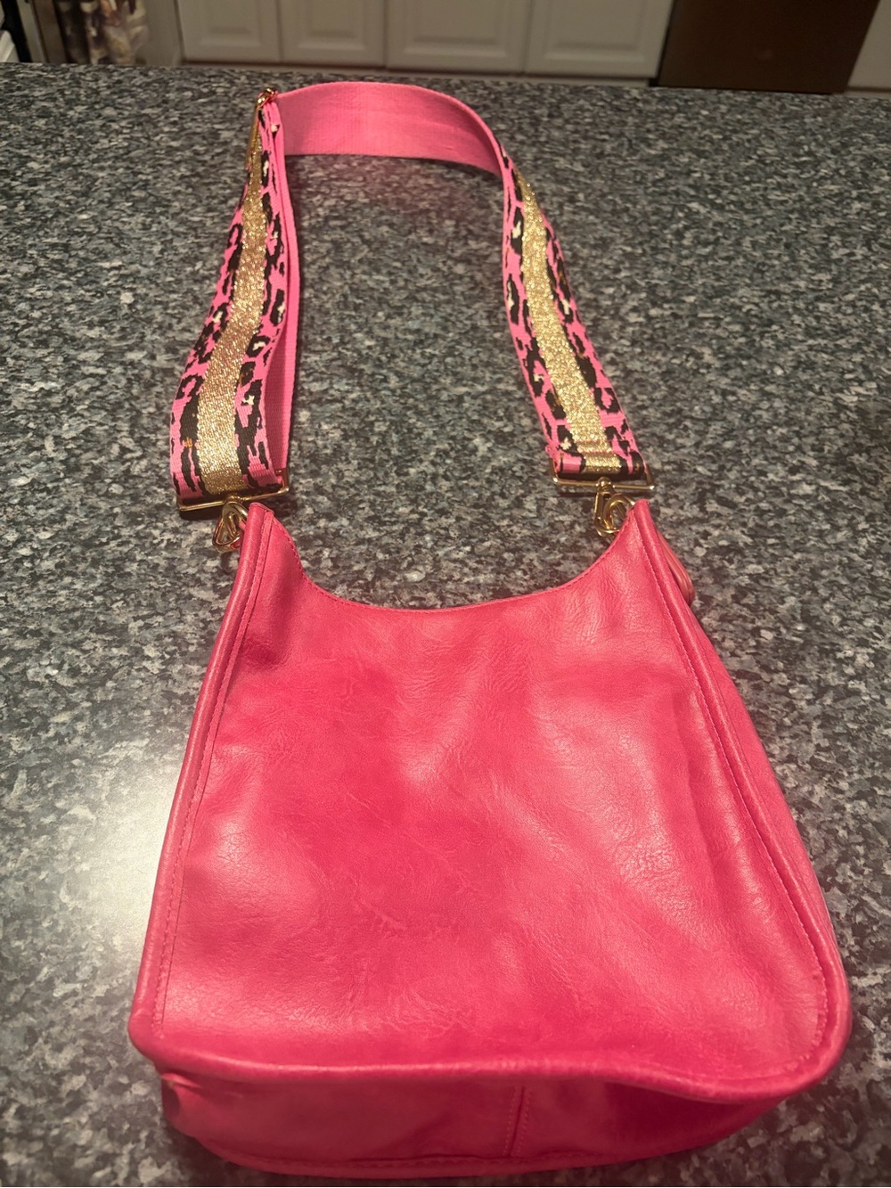 Ah-dorned Hot Pink Vegan Leather Crossbody Bag with WovenPinkLeopard GoldGlitter